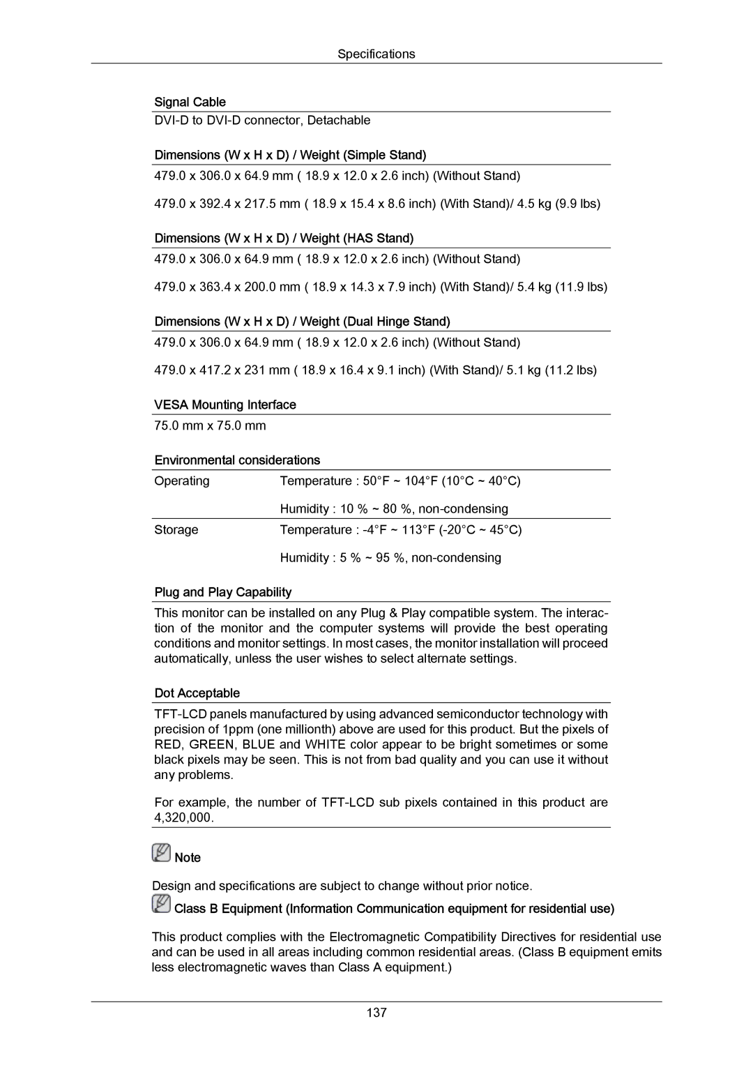 Samsung 943SWX user manual Dimensions W x H x D / Weight Simple Stand 