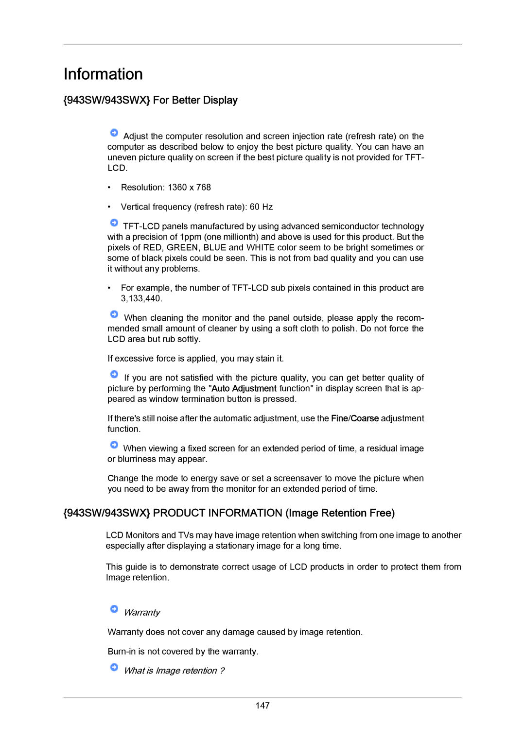 Samsung user manual 943SW/943SWX For Better Display, 943SW/943SWX Product Information Image Retention Free 