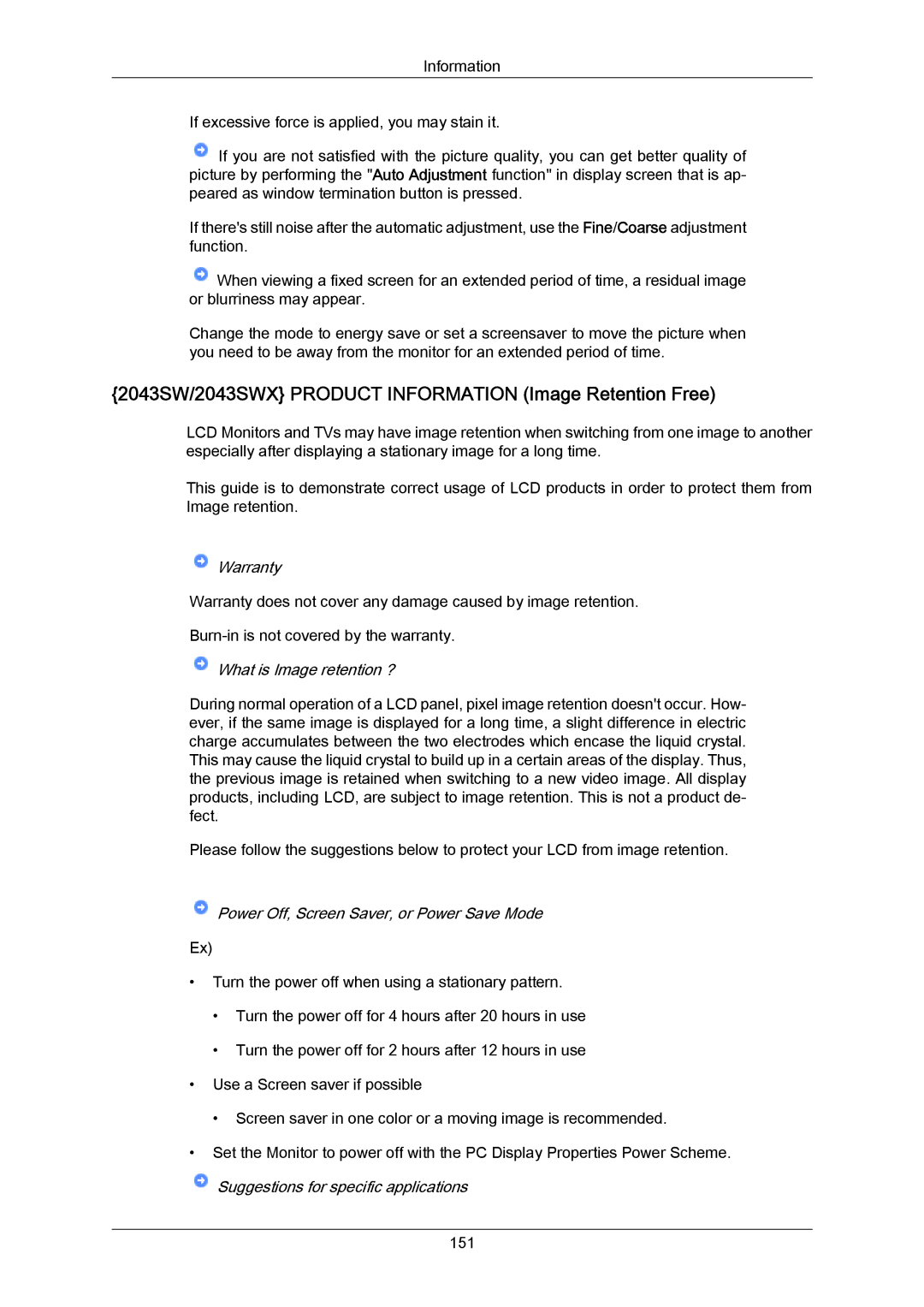 Samsung 943SWX user manual 2043SW/2043SWX Product Information Image Retention Free 