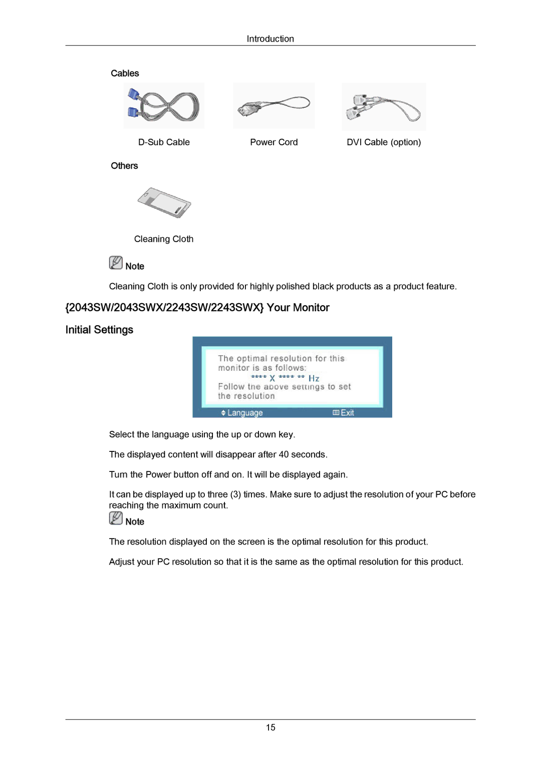 Samsung 943SWX user manual 2043SW/2043SWX/2243SW/2243SWX Your Monitor Initial Settings 