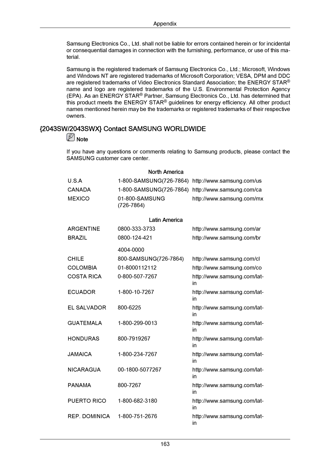 Samsung 943SWX user manual 2043SW/2043SWX Contact Samsung Worldwide 