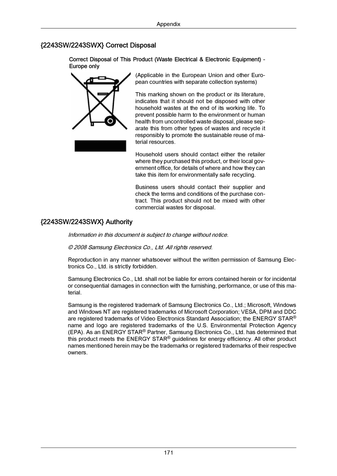 Samsung 943SWX user manual 2243SW/2243SWX Correct Disposal, 2243SW/2243SWX Authority 