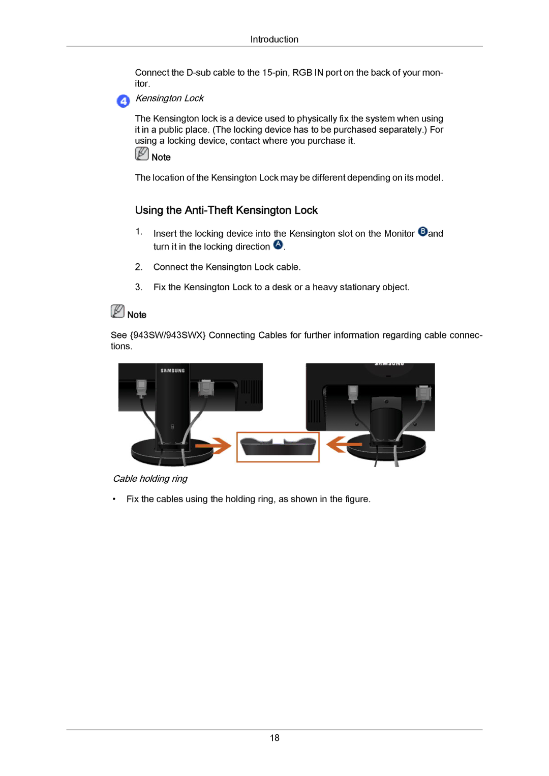 Samsung 943SWX user manual Using the Anti-Theft Kensington Lock 