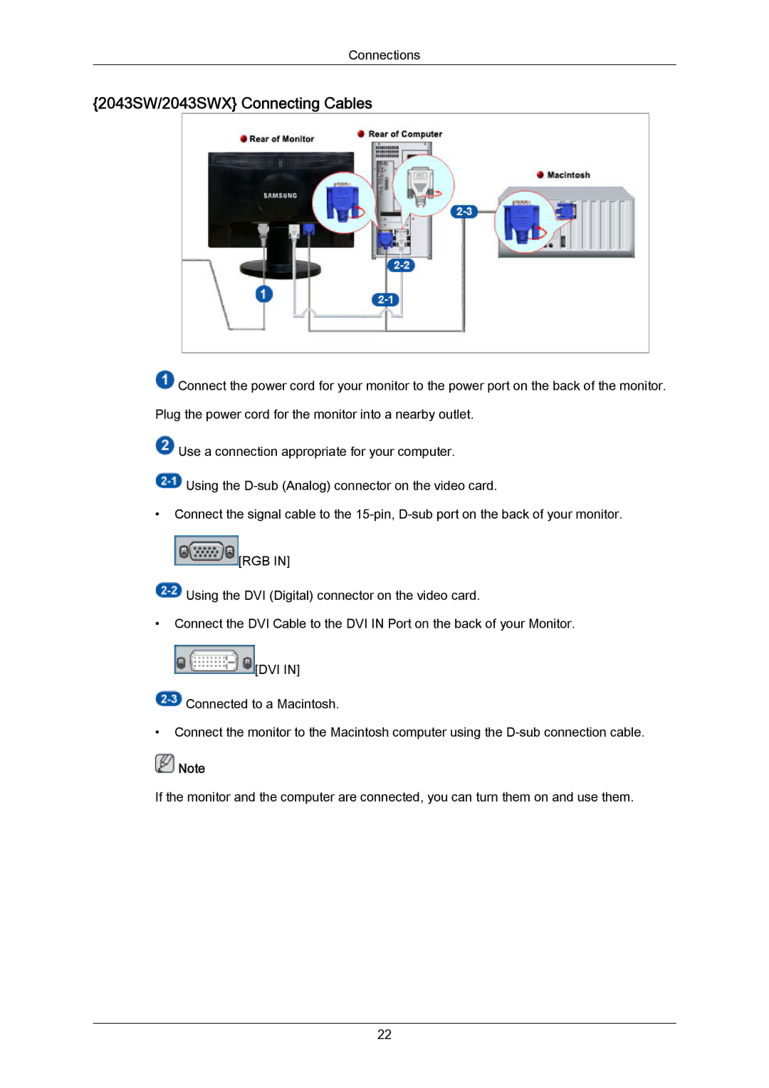 Samsung 943SWX user manual 2043SW/2043SWX Connecting Cables 