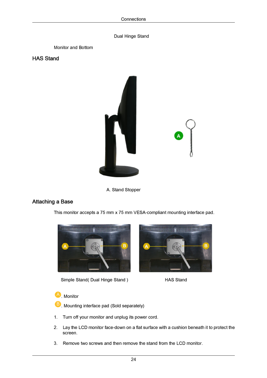 Samsung 943SWX user manual Connections Dual Hinge Stand Monitor and Bottom 