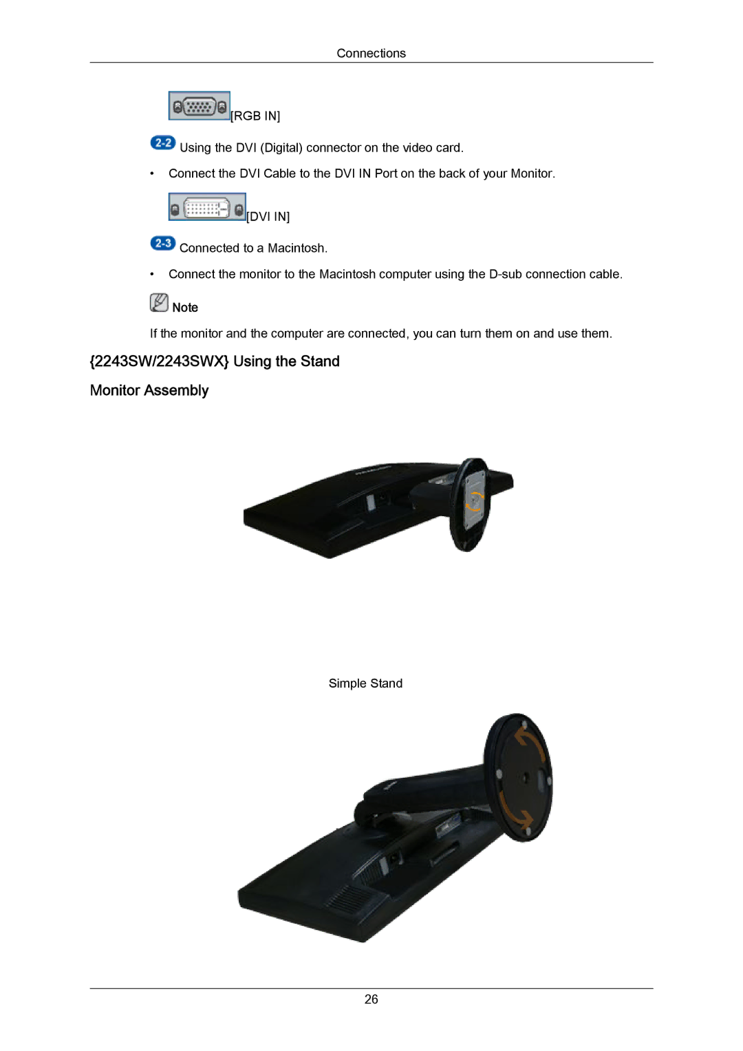 Samsung 943SWX user manual 2243SW/2243SWX Using the Stand Monitor Assembly 