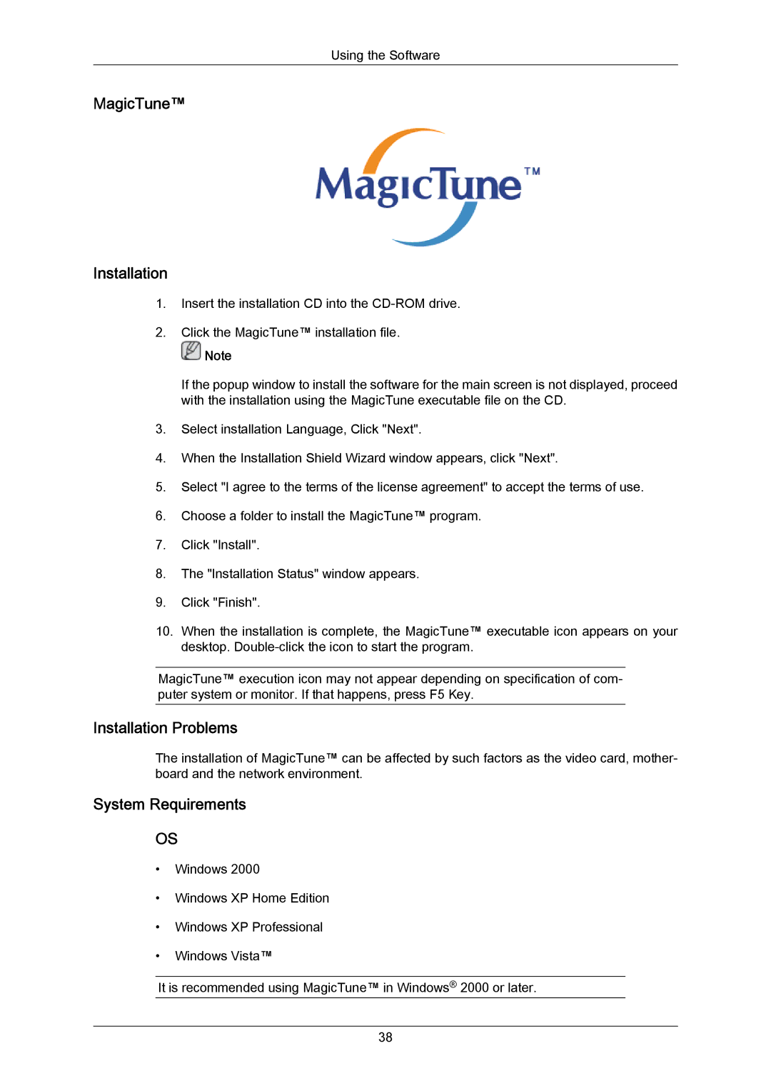 Samsung 943SWX user manual MagicTune Installation, Installation Problems, System Requirements 