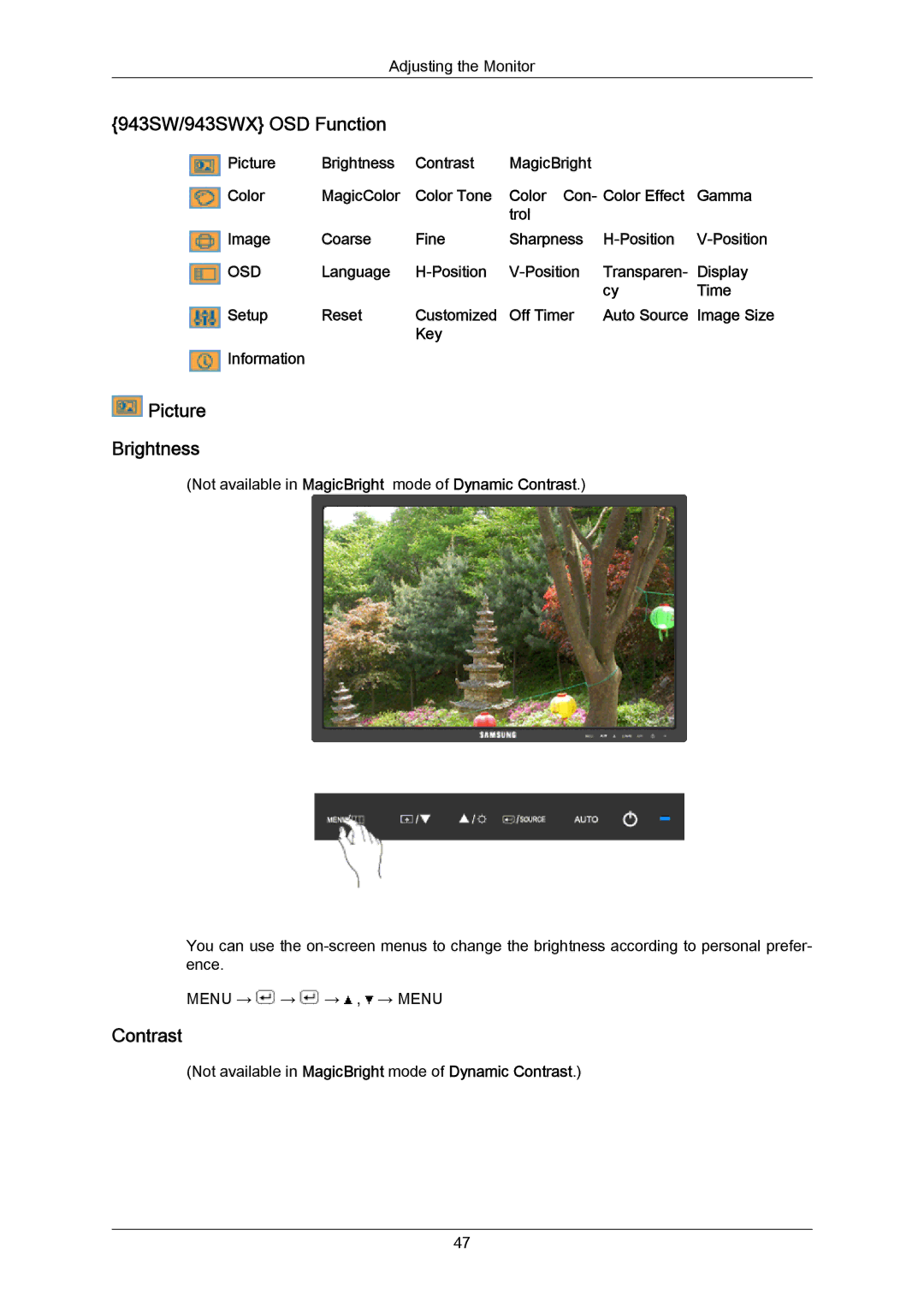 Samsung user manual 943SW/943SWX OSD Function, Picture Brightness, Contrast 