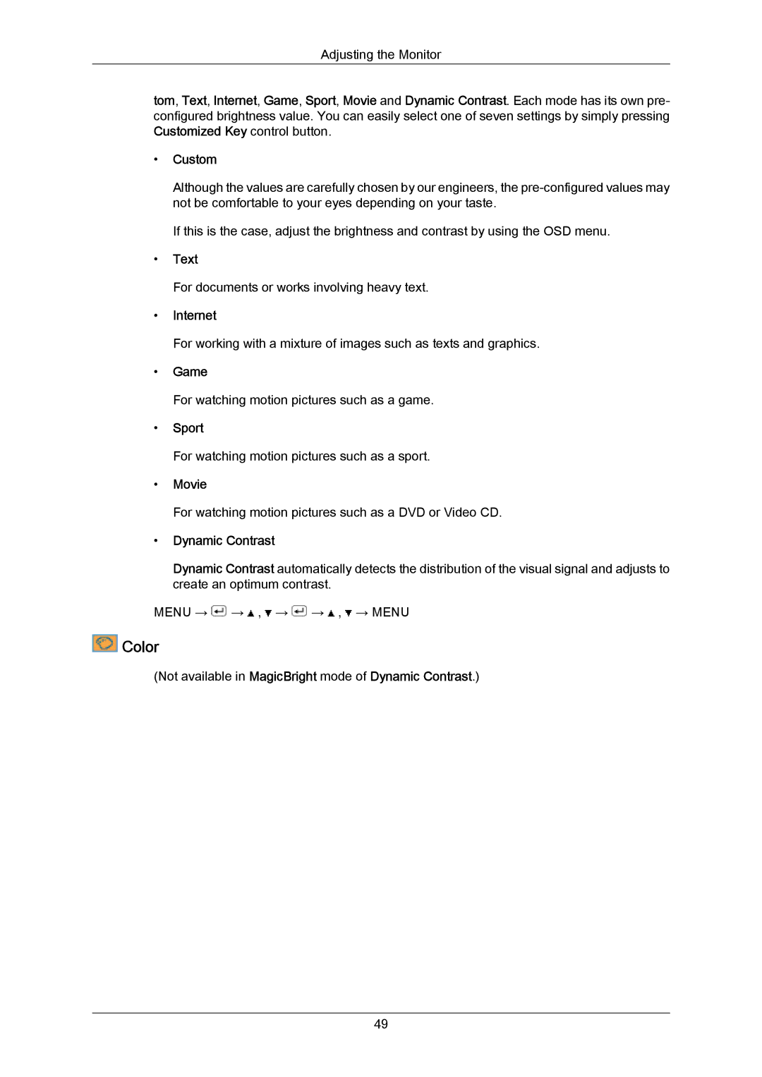 Samsung 943SWX user manual Color, Dynamic Contrast 