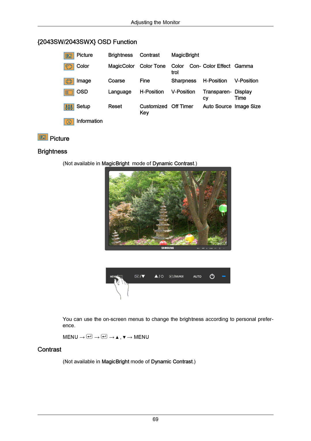 Samsung 943SWX user manual 2043SW/2043SWX OSD Function, Picture Brightness 