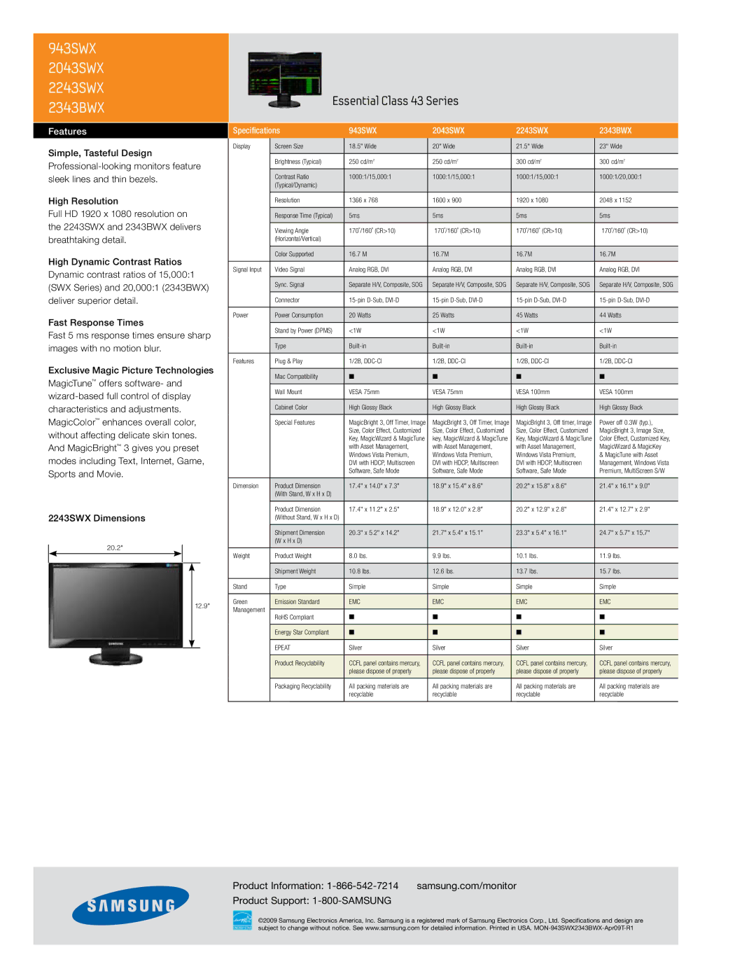 Samsung 94SWX warranty 943SWX 2043SWX 2243SWX 2343BWX, Essential Class 43 Series, Features 