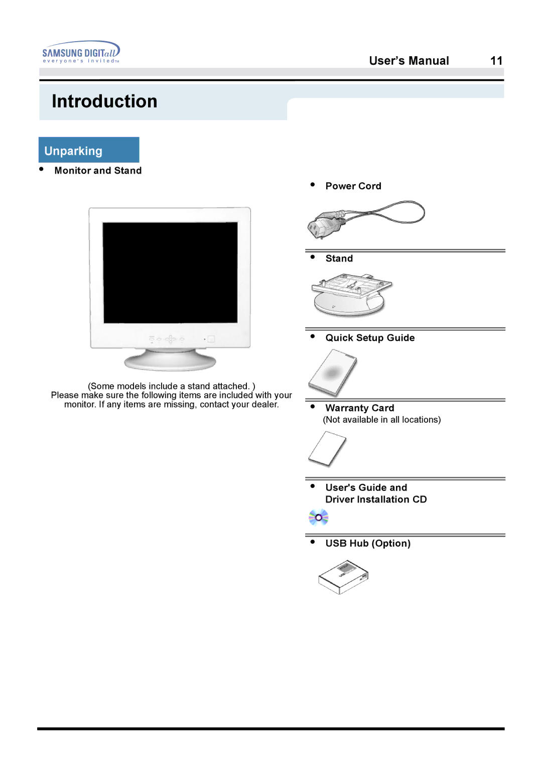 Samsung 950B manual Introduction, Monitor and Stand, Power Cord Stand Quick Setup Guide Warranty Card 