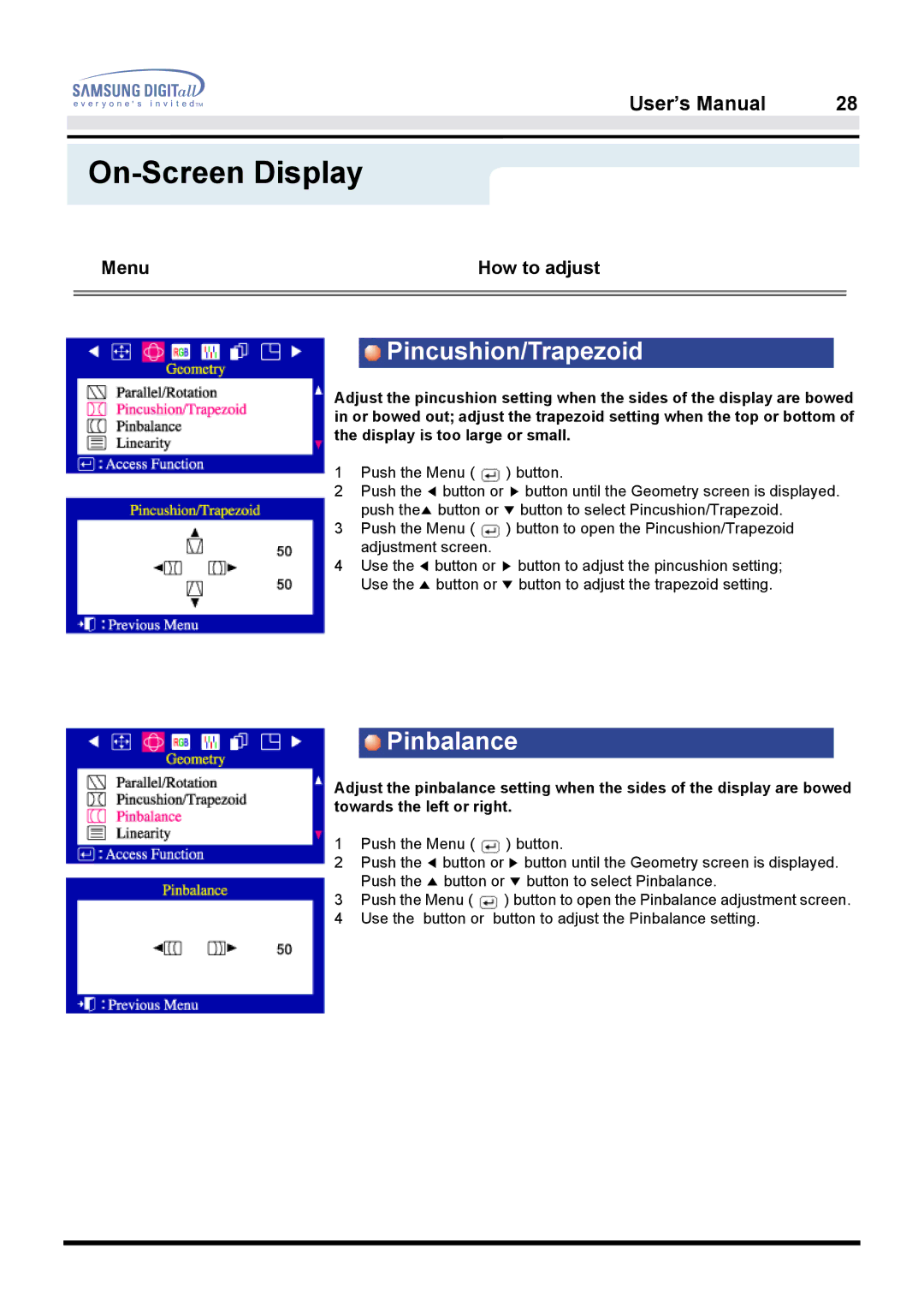 Samsung 950B manual Pincushion/Trapezoid, Pinbalance 