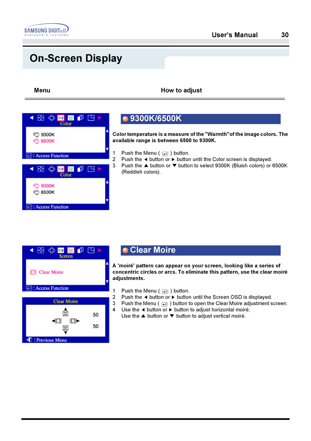 Samsung 950B manual 9300K/6500K, Clear Moire 