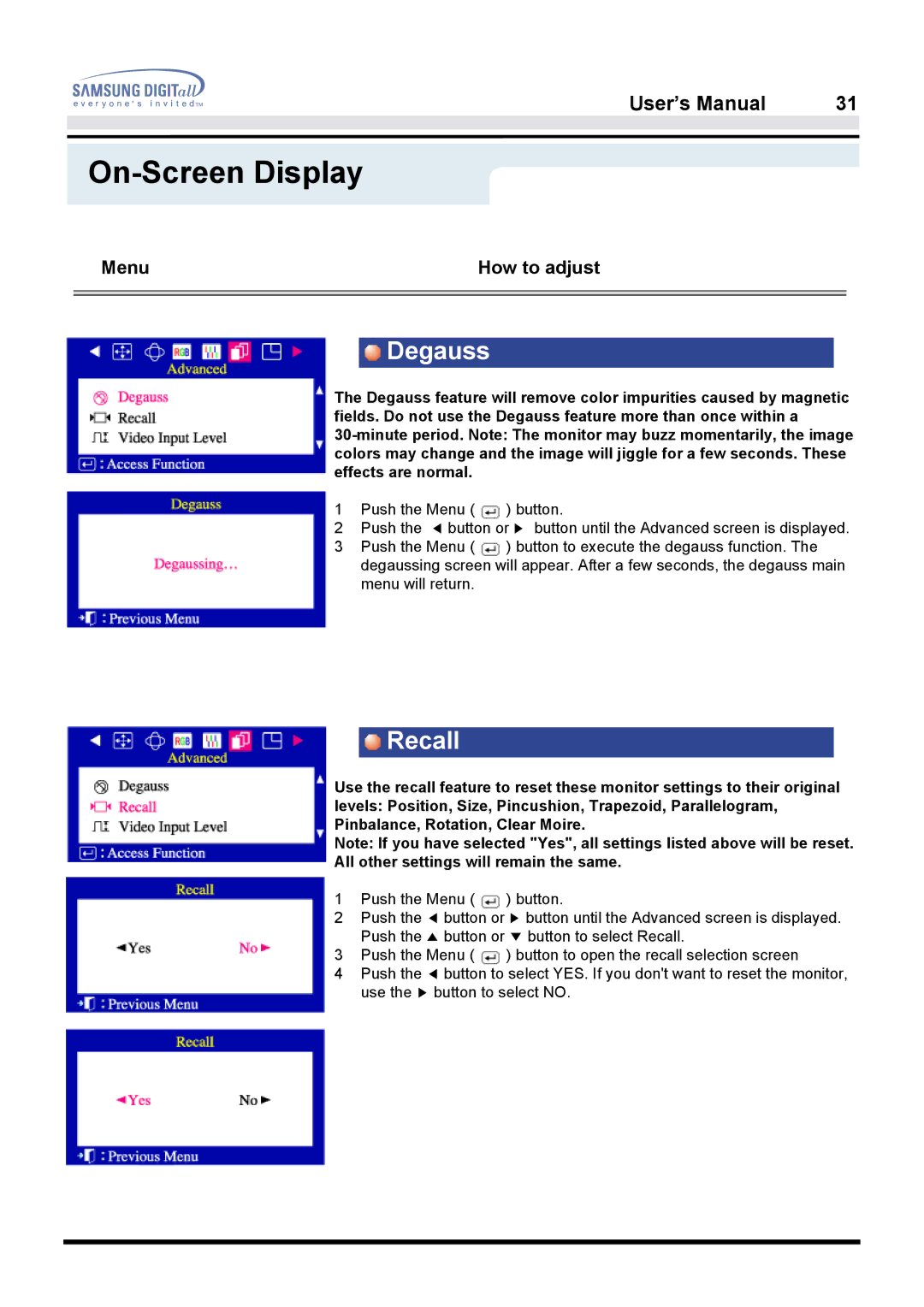 Samsung 950B manual Degauss, Recall 