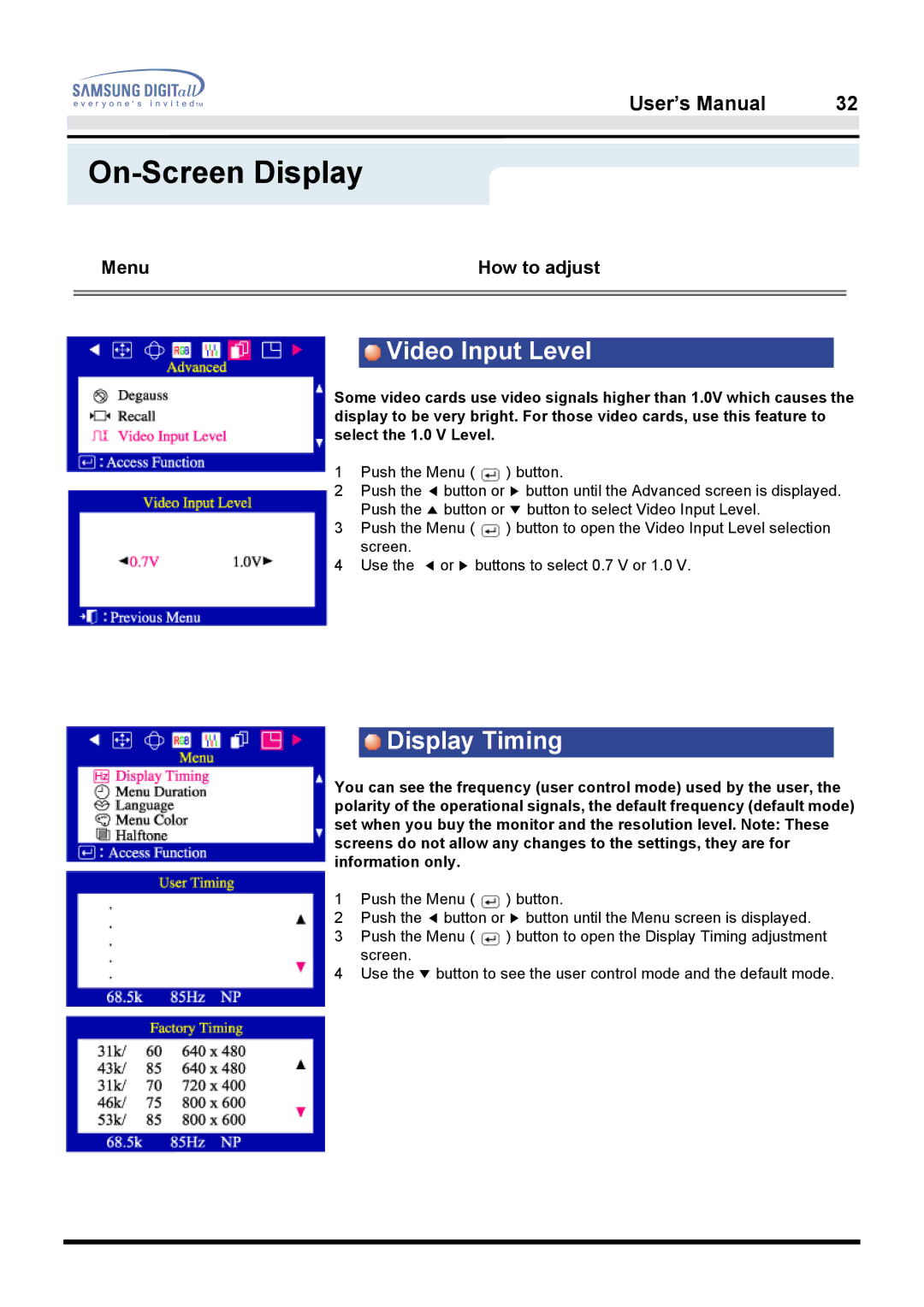 Samsung 950B manual Video Input Level, Display Timing 