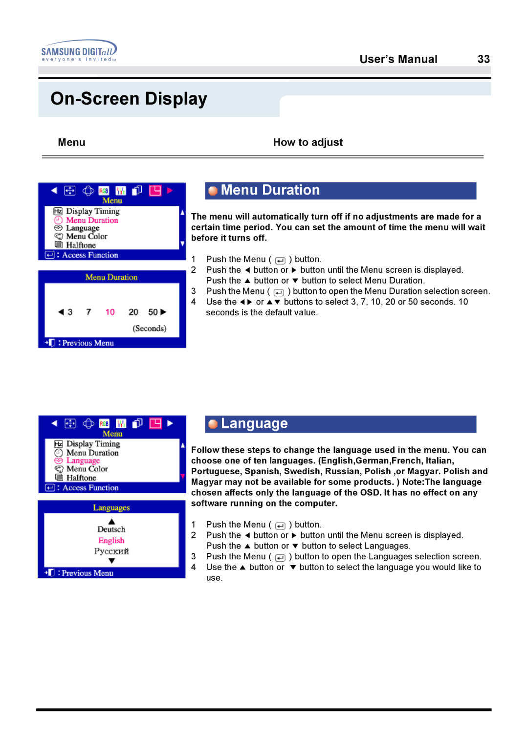 Samsung 950B manual Menu Duration, Language 