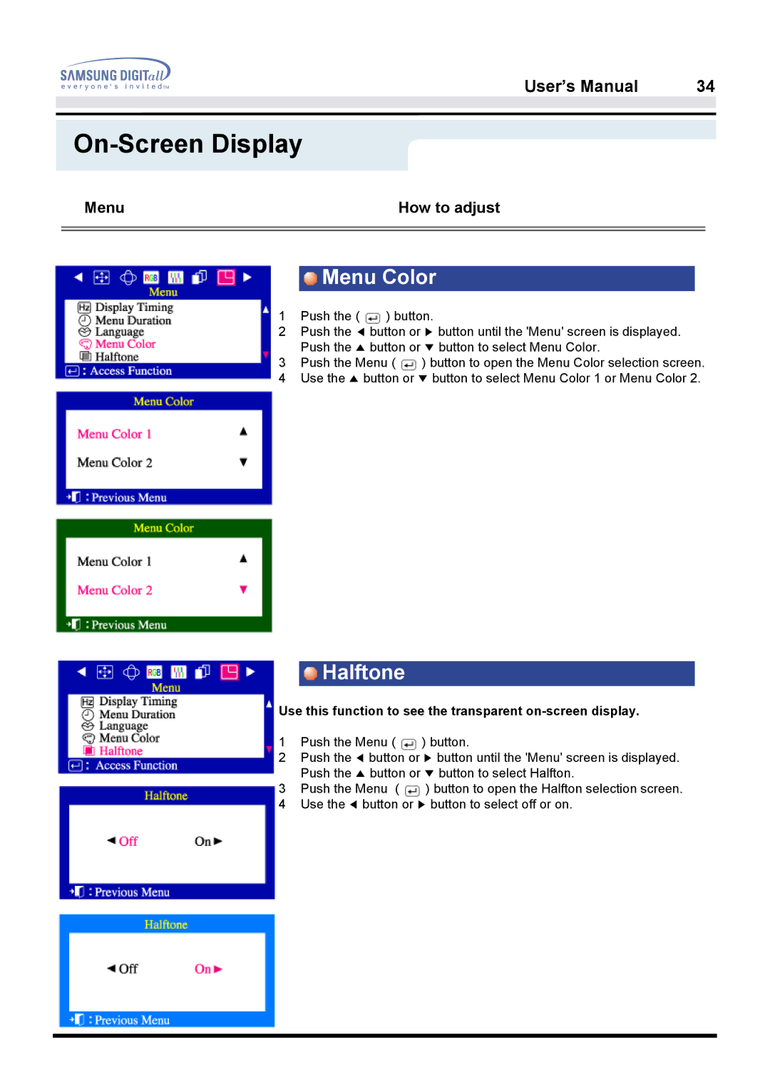 Samsung 950B manual Menu Color, Halftone, Use this function to see the transparent on-screen display 