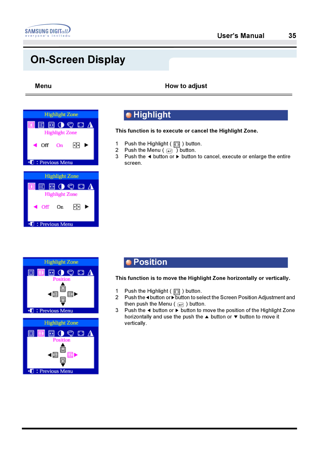 Samsung 950B manual This function is to execute or cancel the Highlight Zone 