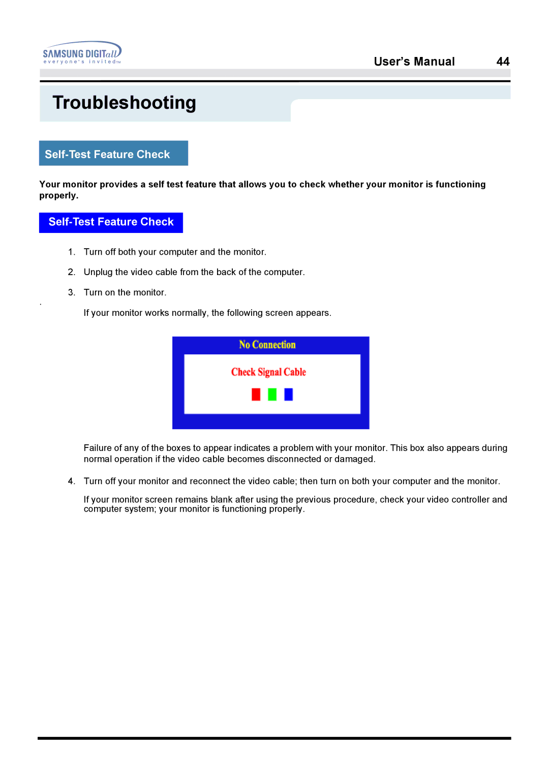 Samsung 950B manual Self-Test Feature Check 