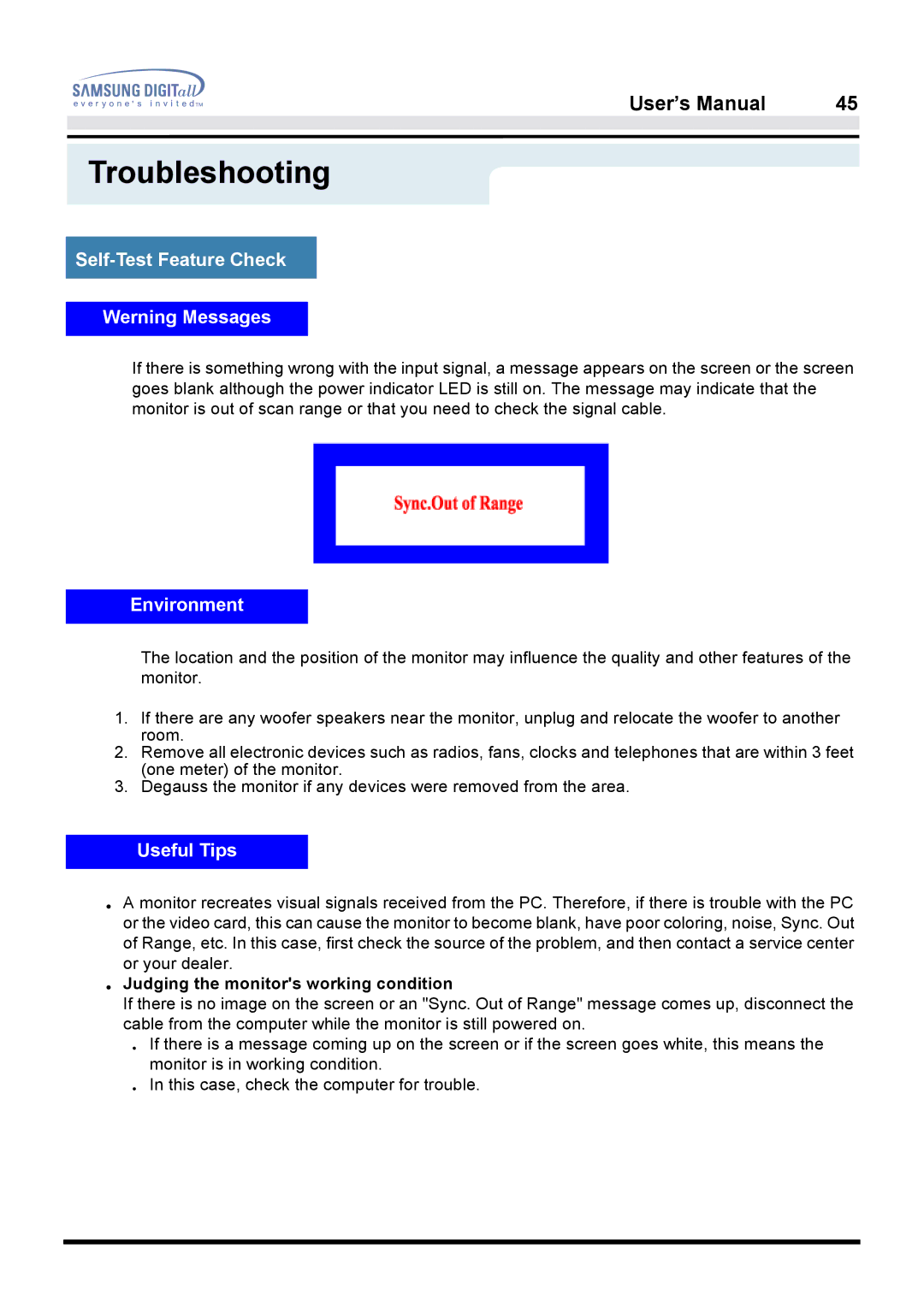 Samsung 950B Self-Test Feature Check Werning Messages, Environment, Useful Tips, Judging the monitors working condition 