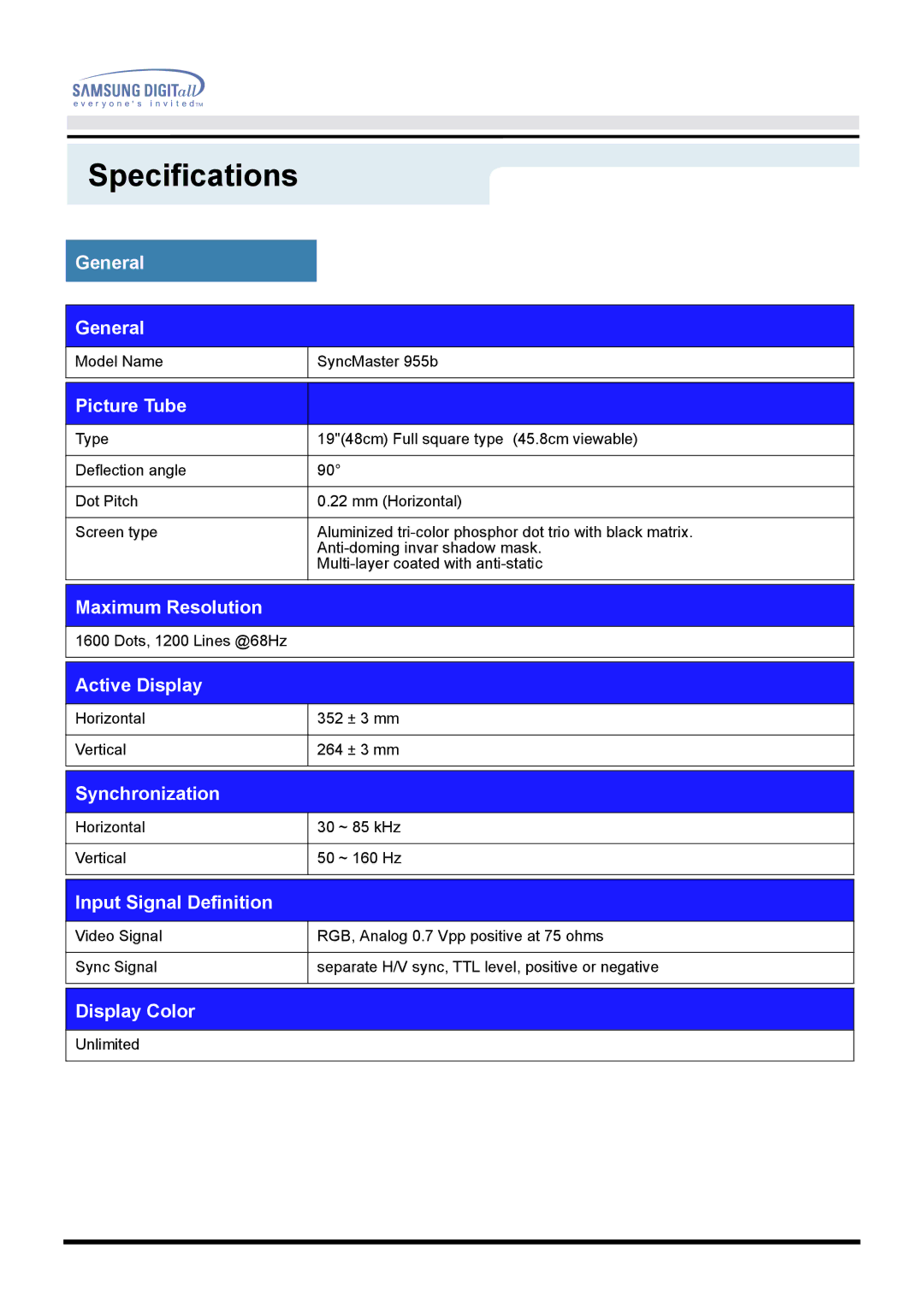 Samsung 950B manual Specifications 