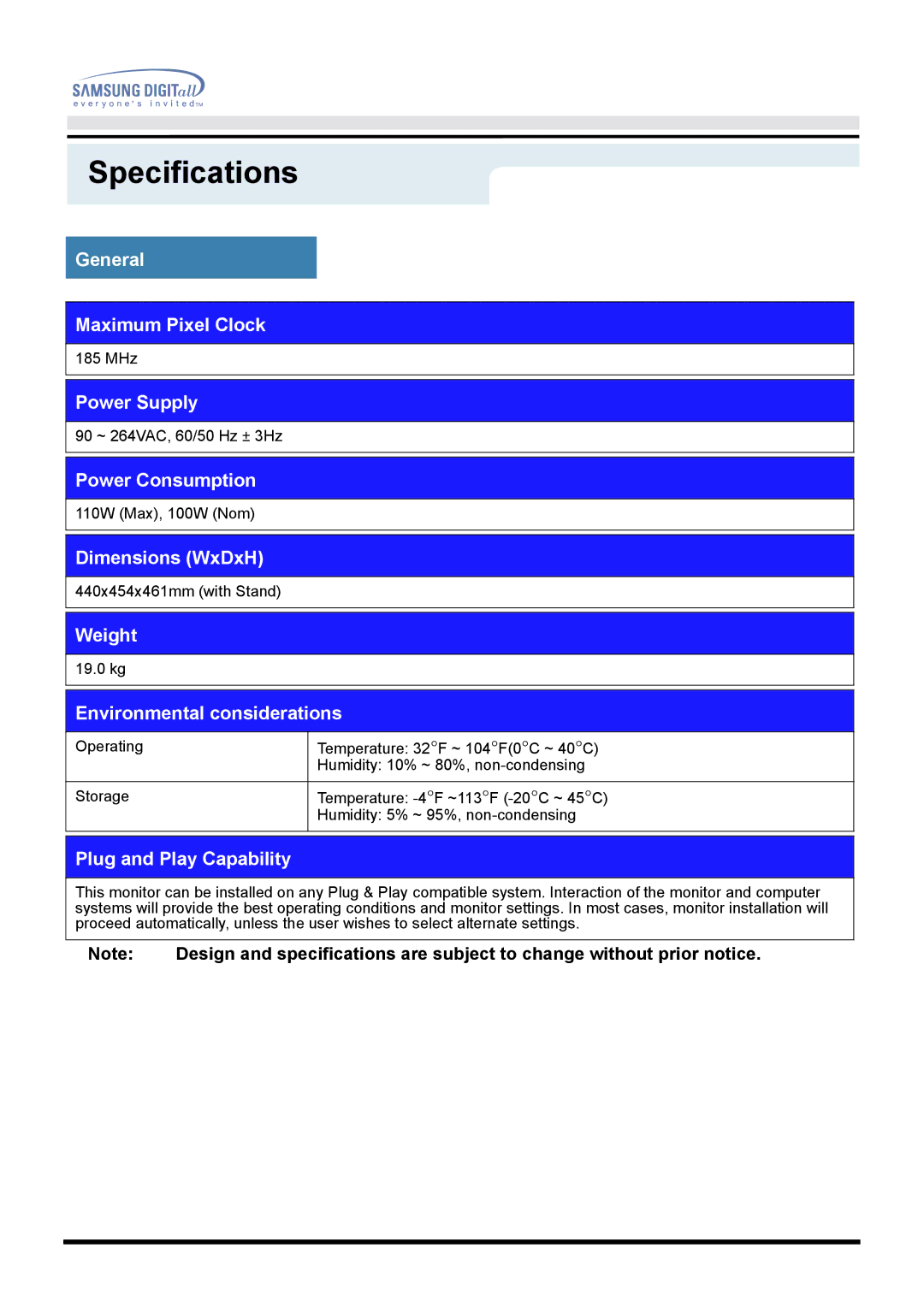 Samsung 950B manual General Maximum Pixel Clock, Power Supply, Power Consumption, Dimensions WxDxH, Weight 