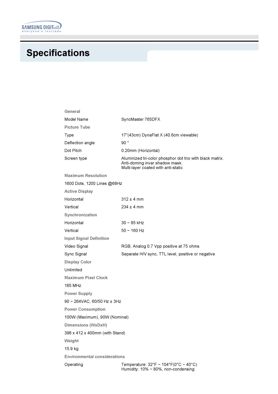 Samsung 950B manual Model Name SyncMaster 765DFX 