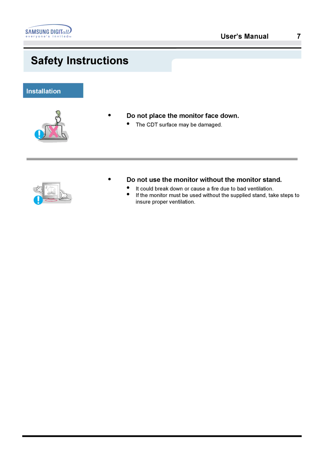 Samsung 950B manual Do not place the monitor face down 