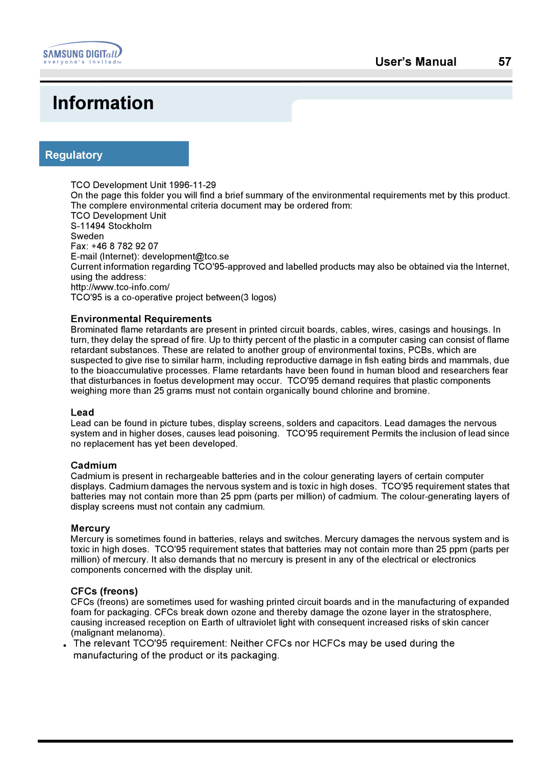 Samsung 950B manual Environmental Requirements, Lead, Cadmium, Mercury, CFCs freons 