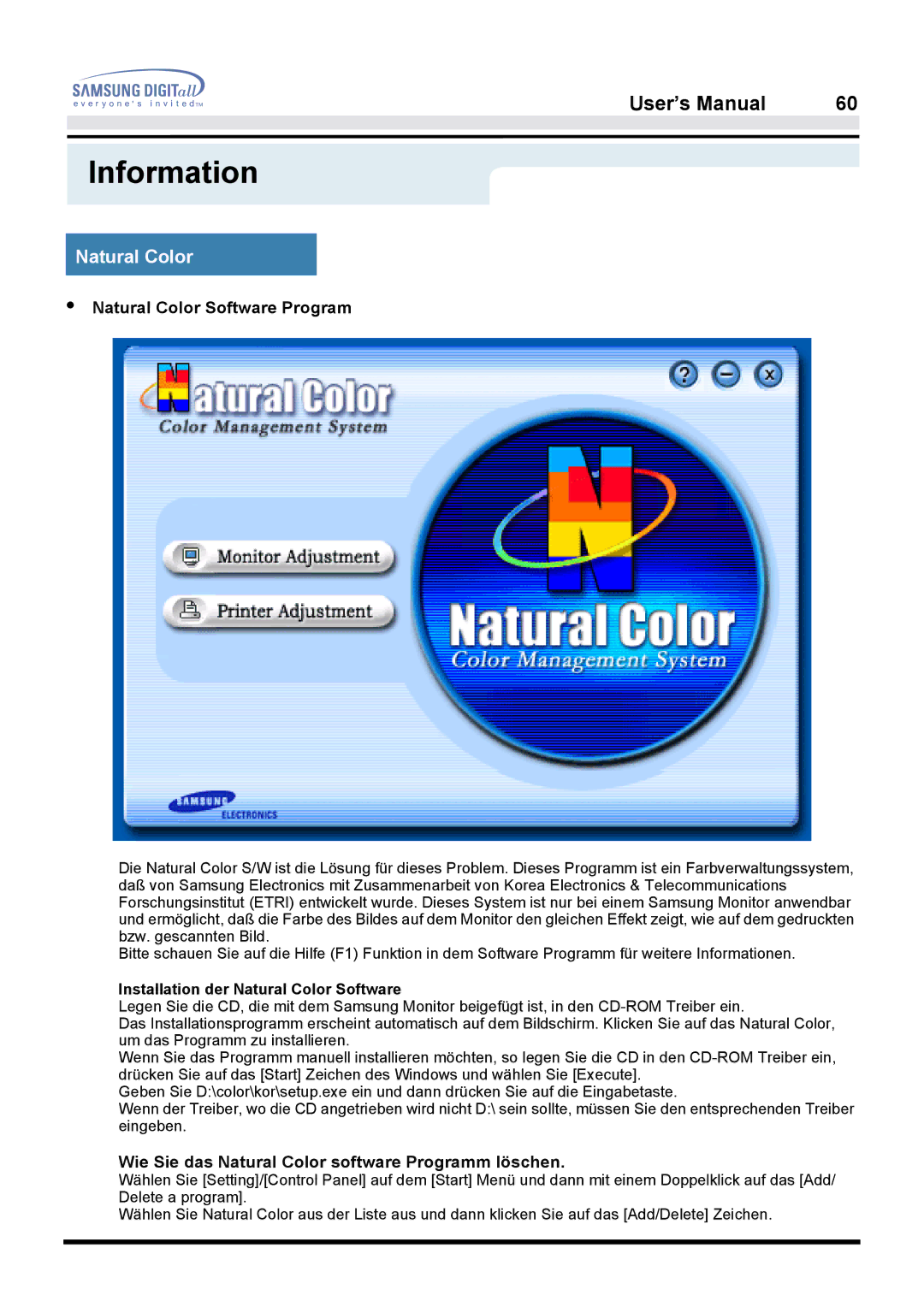 Samsung 950B manual Natural Color Software Program, Wie Sie das Natural Color software Programm löschen 