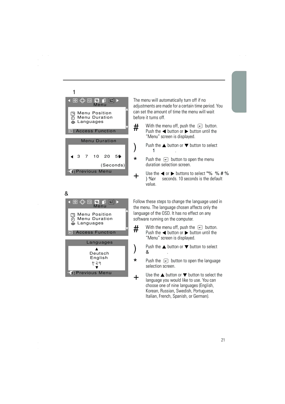 Samsung 750p, 950p, 950p plus, 950P, 950p Plus manual Menu Duration, Languages 