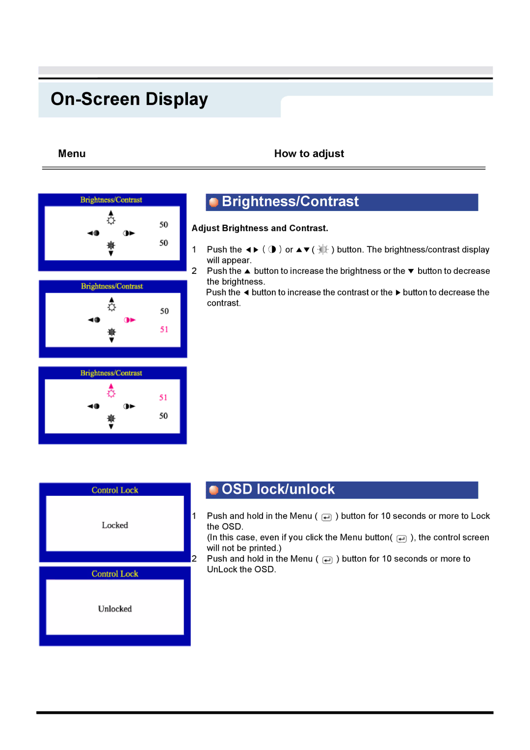 Samsung 955b manual Brightness/Contrast, OSD lock/unlock 