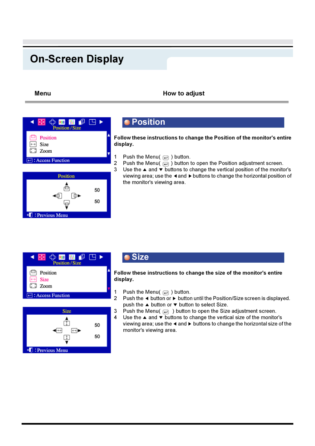 Samsung 955b manual Position, Size 