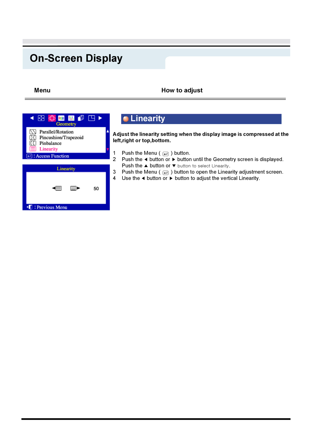 Samsung 955b manual Linearity, Push the Menu button 