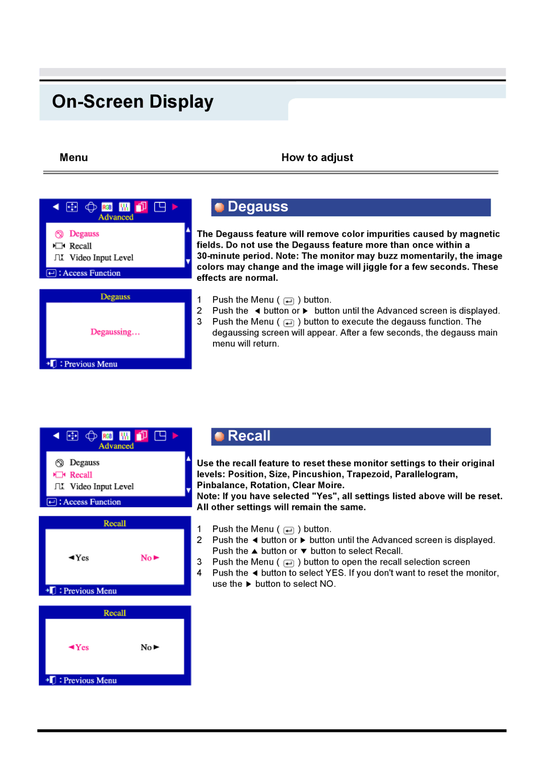 Samsung 955b manual Degauss, Recall 