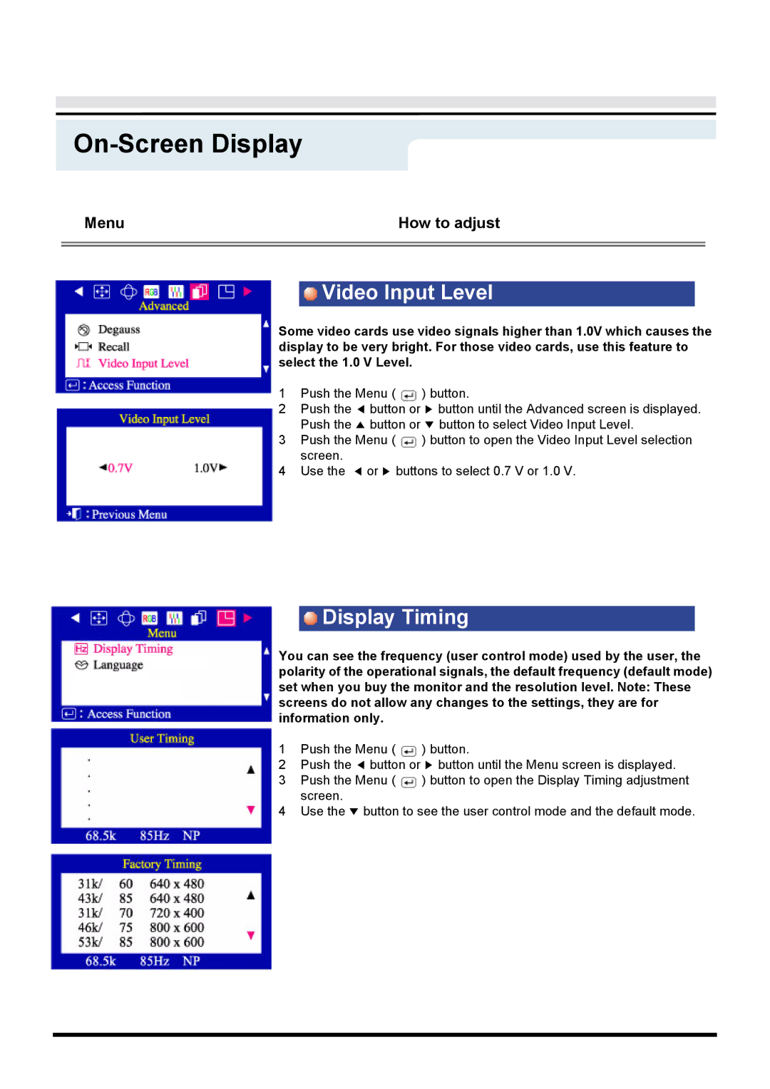 Samsung 955b manual Video Input Level, Display Timing 