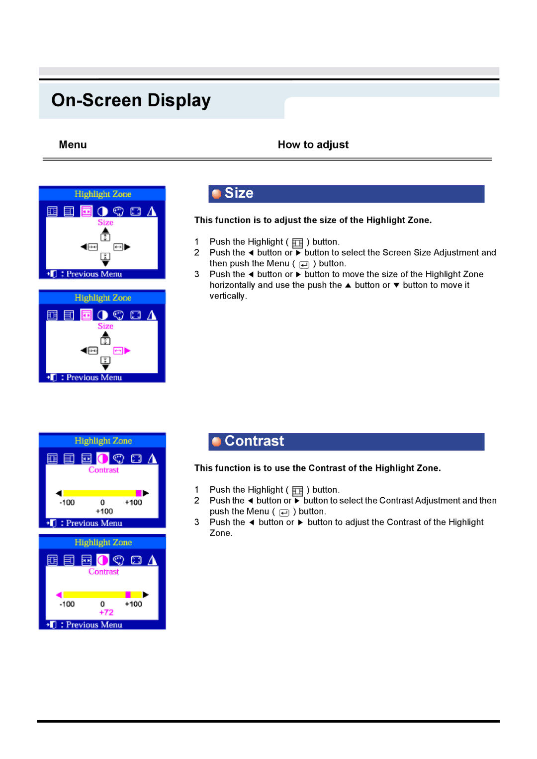 Samsung 955b manual Contrast, This function is to adjust the size of the Highlight Zone 