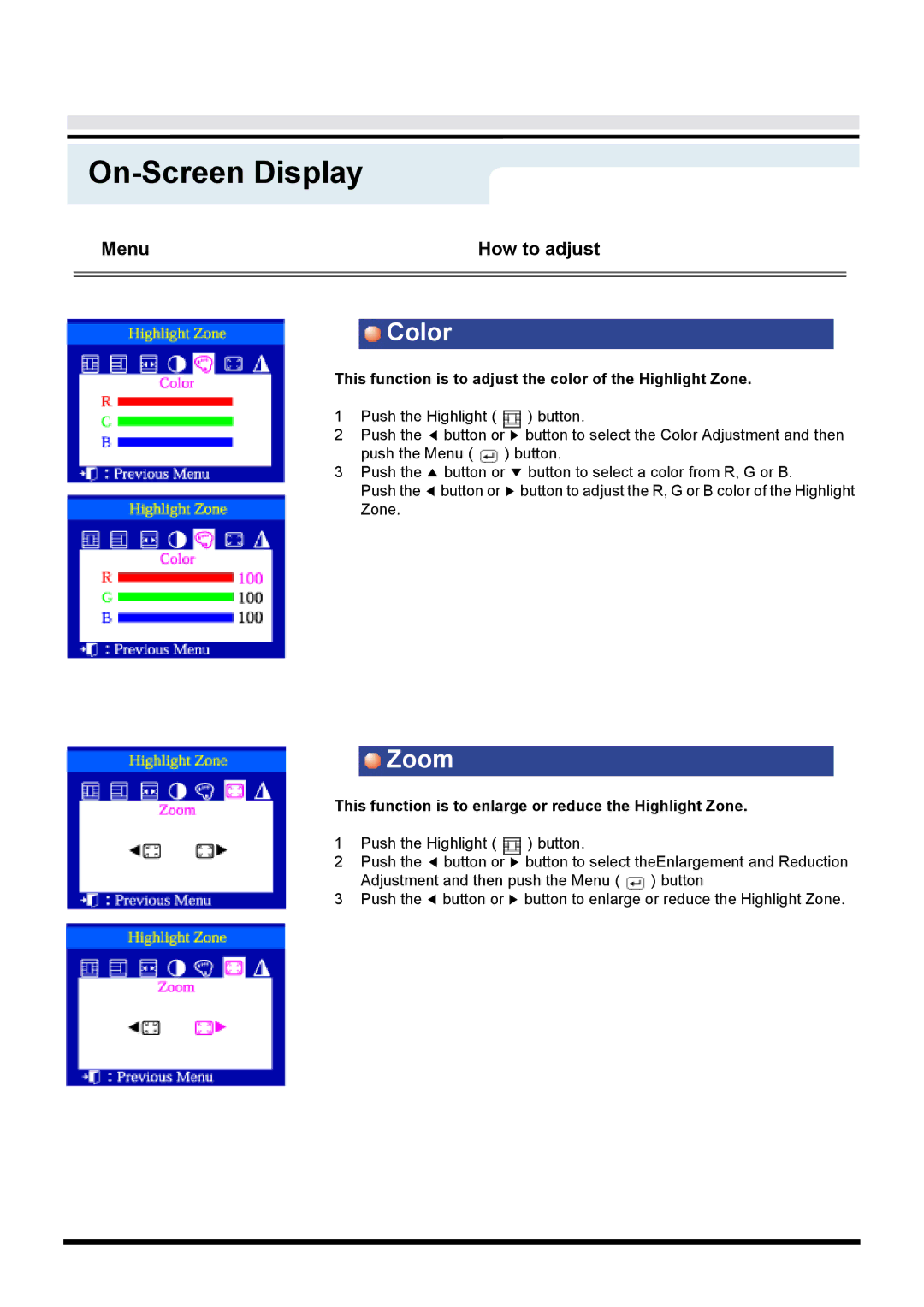 Samsung 955b manual Color, This function is to adjust the color of the Highlight Zone 