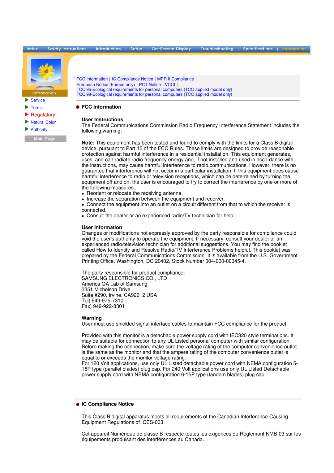 Samsung 955b manual Regulatory, FCC Information User Instructions, User Information, IC Compliance Notice 