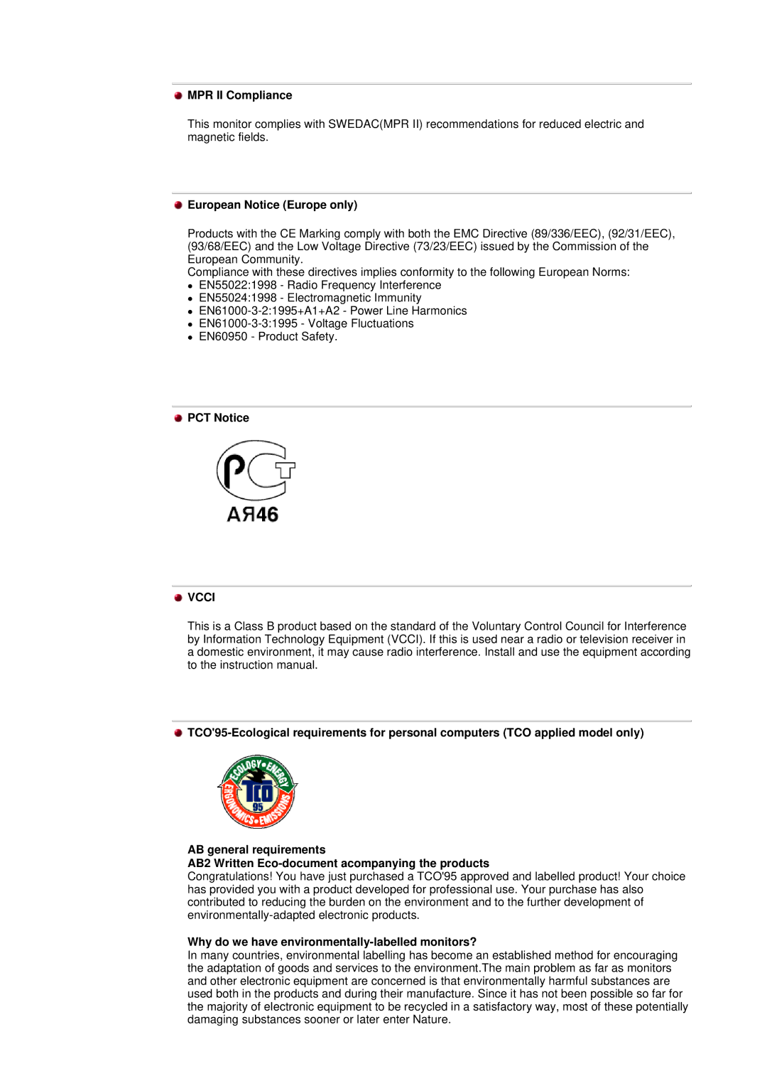 Samsung 955b MPR II Compliance, European Notice Europe only, PCT Notice, Why do we have environmentally-labelled monitors? 