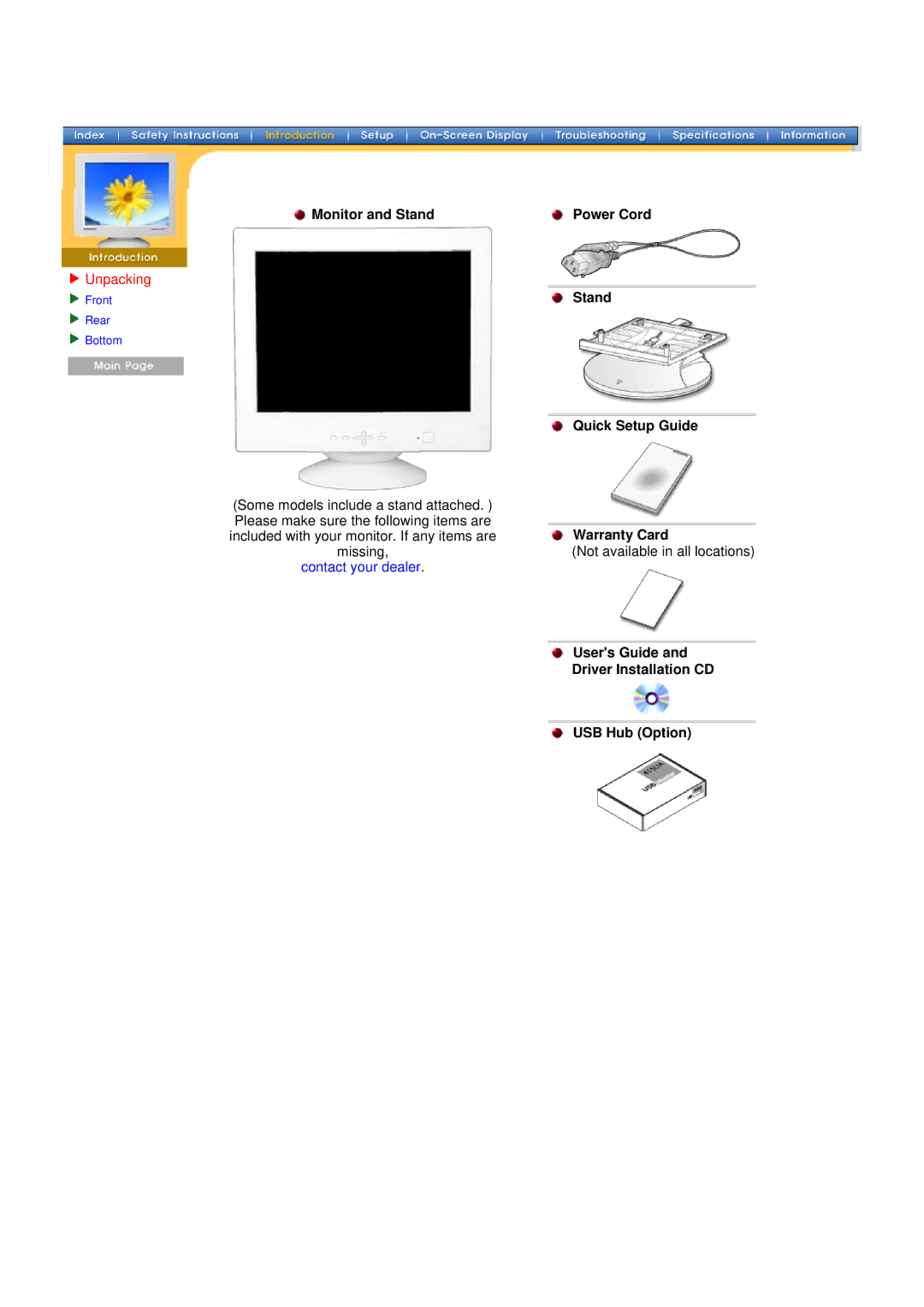 Samsung 955b manual Unpacking, Monitor and Stand Power Cord Quick Setup Guide, Warranty Card 