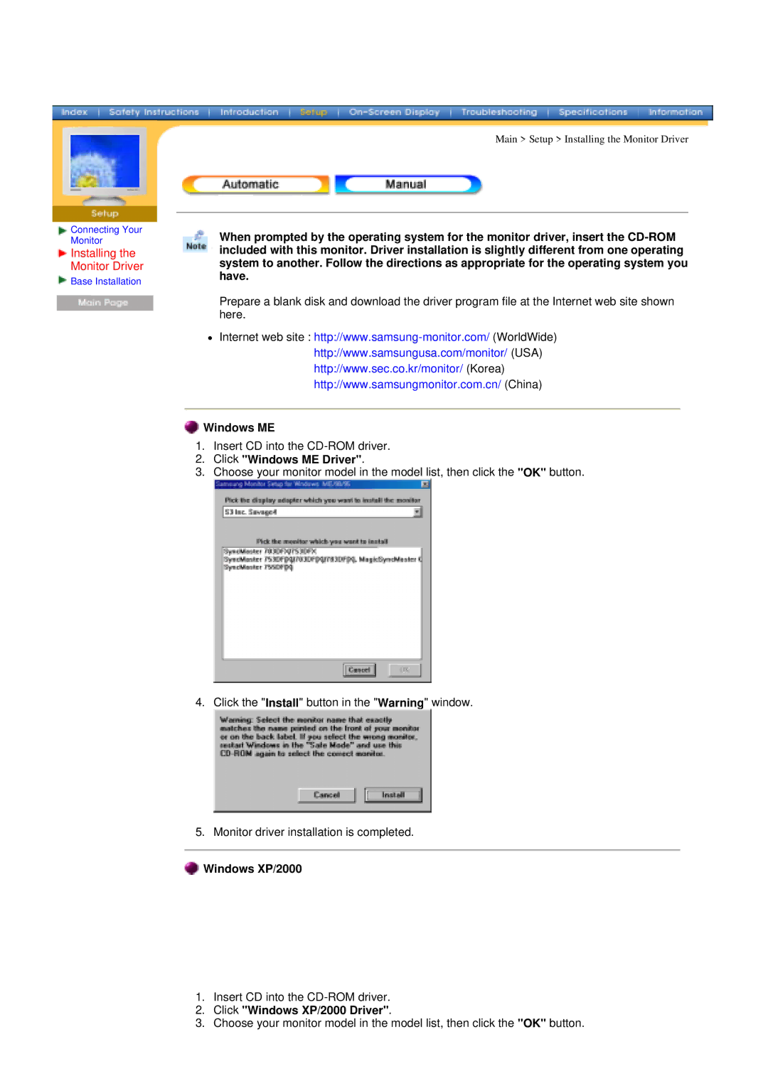 Samsung 955MB manual Installing the Monitor Driver, Click Windows ME Driver, Click Windows XP/2000 Driver 