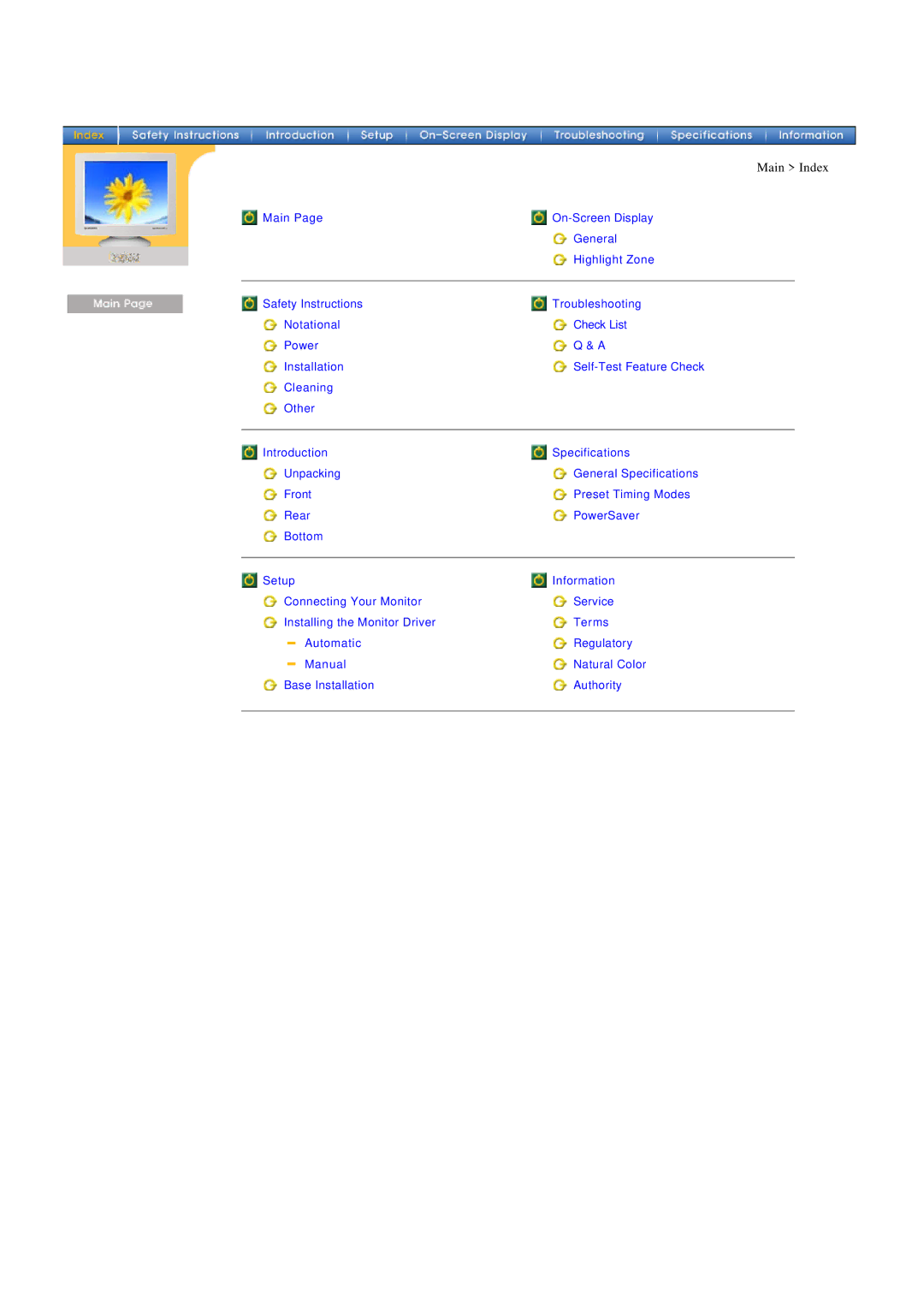 Samsung 955MB manual Main Index 