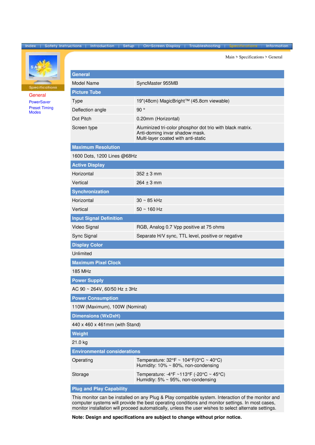 Samsung 955MB manual General, Picture Tube 