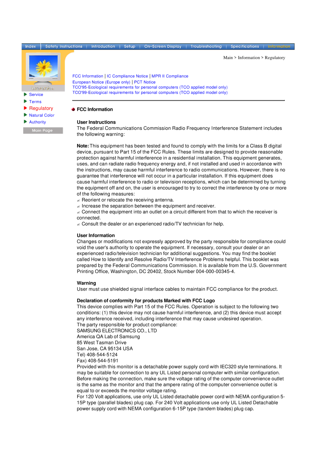 Samsung 955MB manual Regulatory, FCC Information User Instructions, User Information 