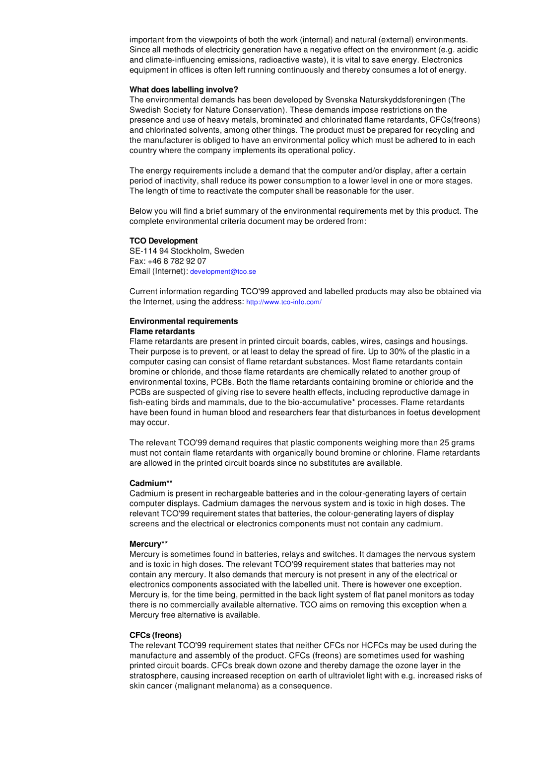 Samsung 955MB manual TCO Development, Environmental requirements Flame retardants 