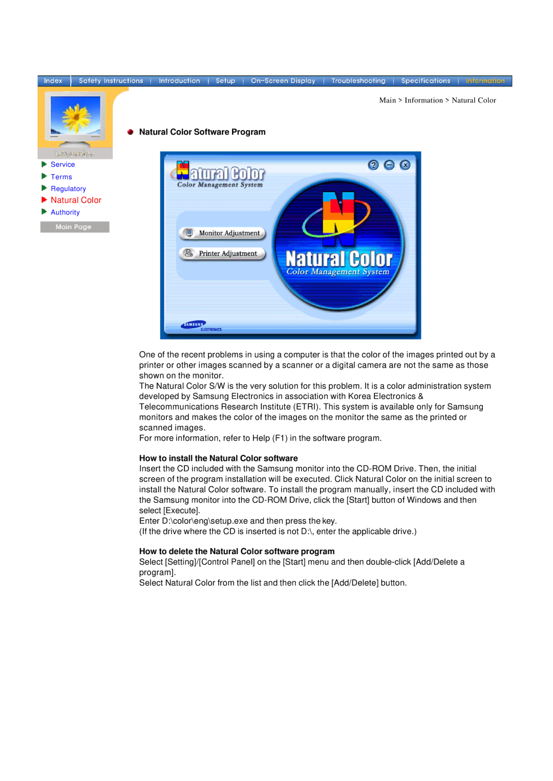 Samsung 955MB manual Natural Color Software Program, How to install the Natural Color software 