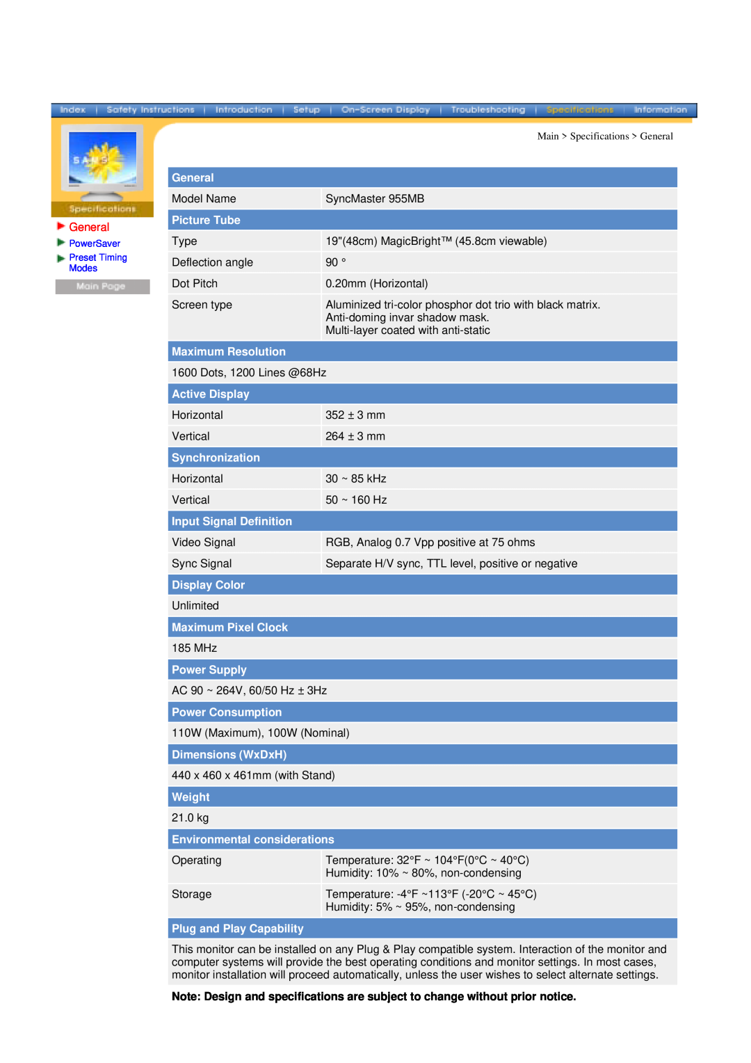 Samsung 955MB manual General 