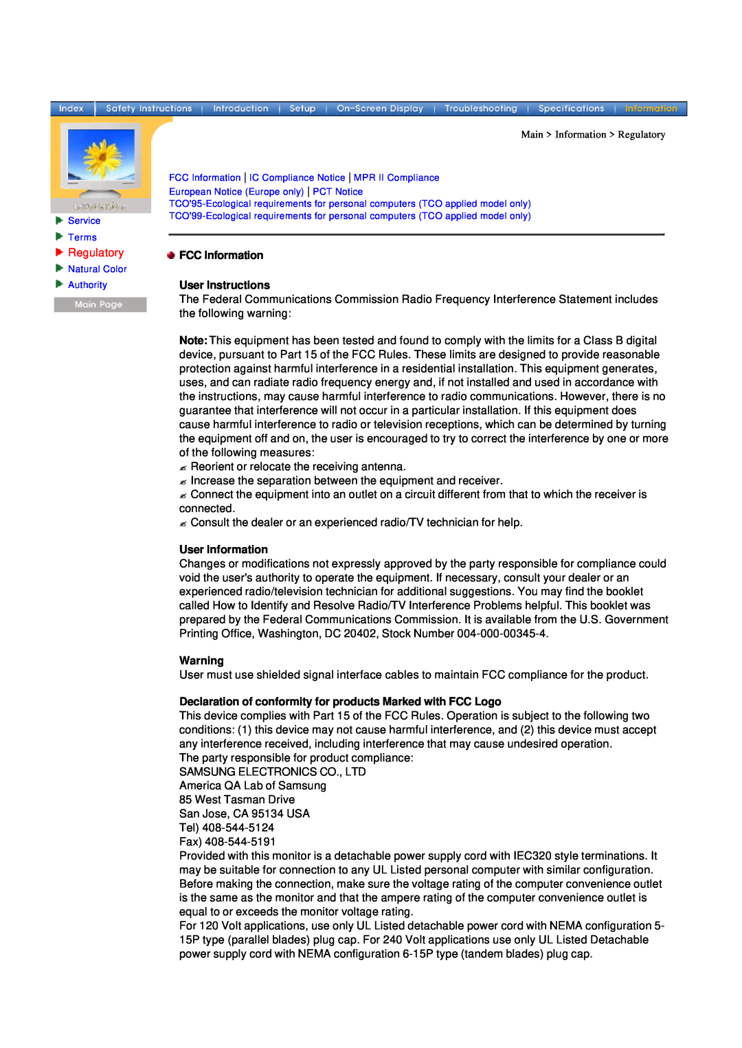Samsung 955MB manual Regulatory, FCC Information User Instructions, User Information 